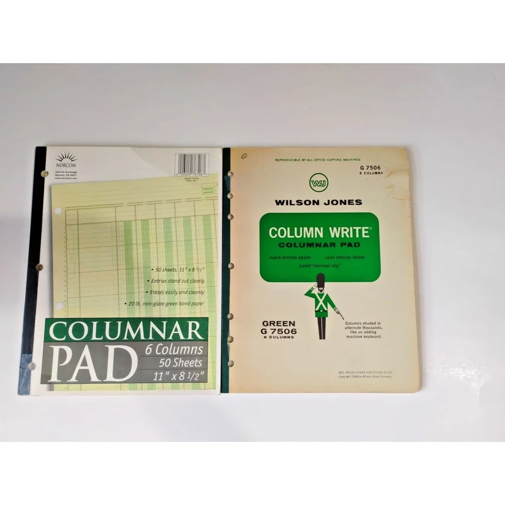 Set of 2 vintage accounting ledgers, both 6-column, 50 pages, green  New